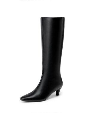 Women Knee High Boots 2 Inch Kitten Heel Fashion Square Toe Wide Calf Boot Black